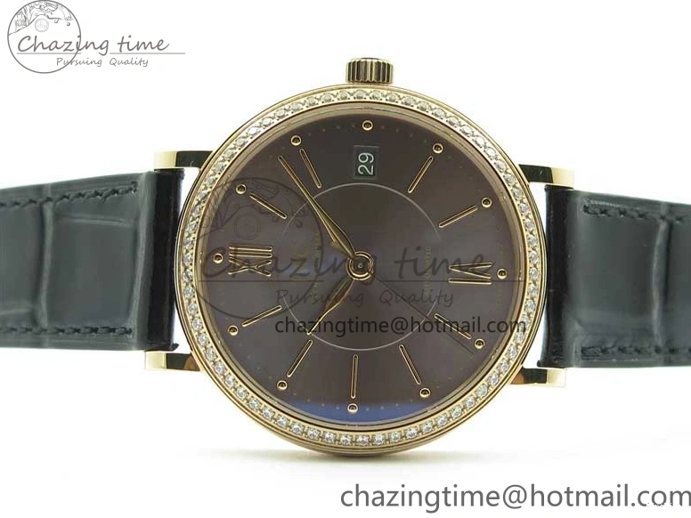 MIROTIME 0522 Durable Portofino 37mm RG V7F 1:1 Best Edition Gray Dial Diamonds Bezel on Black Leather Strap A 7089